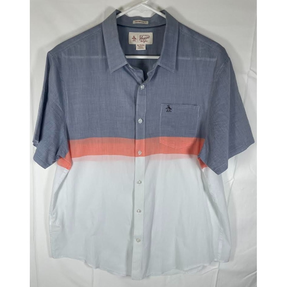 Original Penguin Heritage Slim Fit Short Sleeve Button-Up Shirt Men's XL Nvy/Org